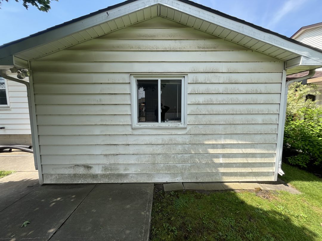 Detached garage siding covered in algae and green streaks before cleaning